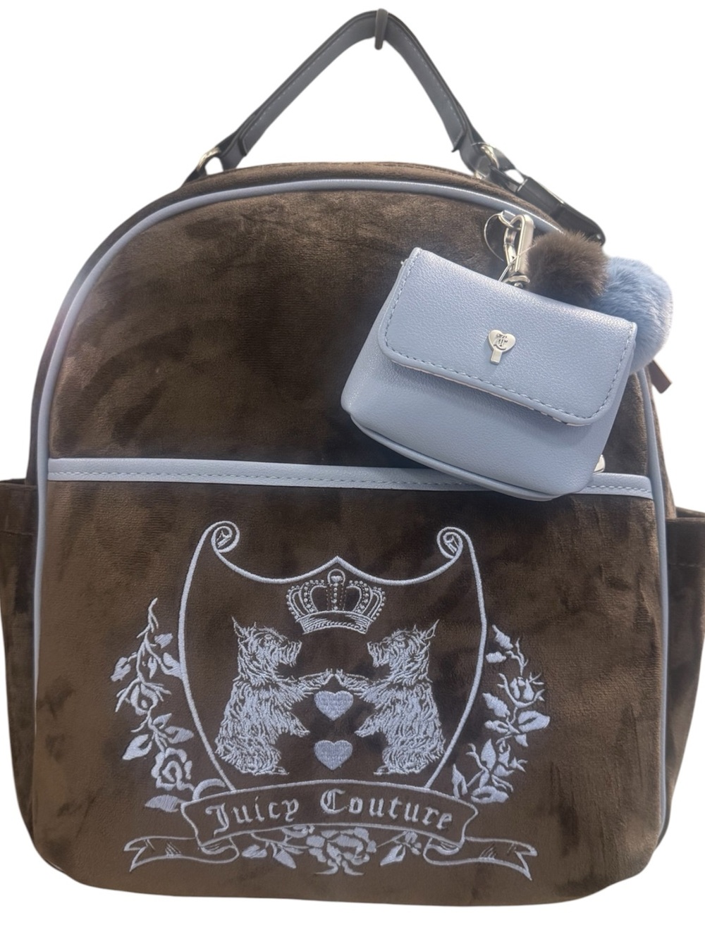 Juicy Couture Brown velour Backpack with Light Blue Accent and bag Charm